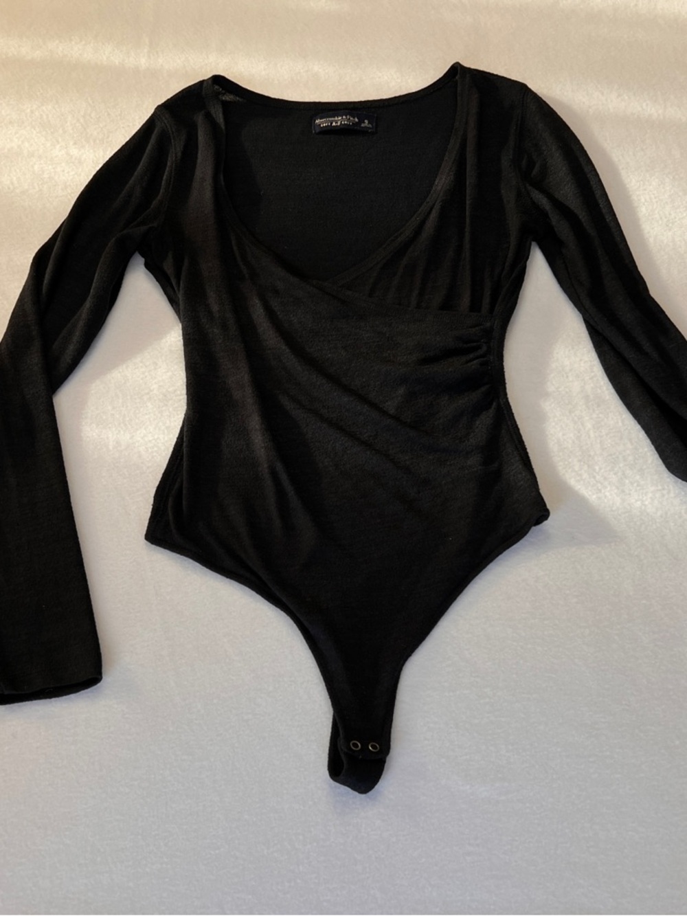 Abercrombie & Fitch Black Wrap Bodysuit Long Sleeve V-Neck Ruched Top Size S